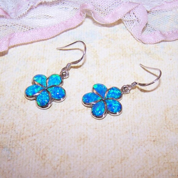 Vintage Sterling Silver Lab Opal Inlay Dangle Earrings - Daisy Design - Picture 7 of 8